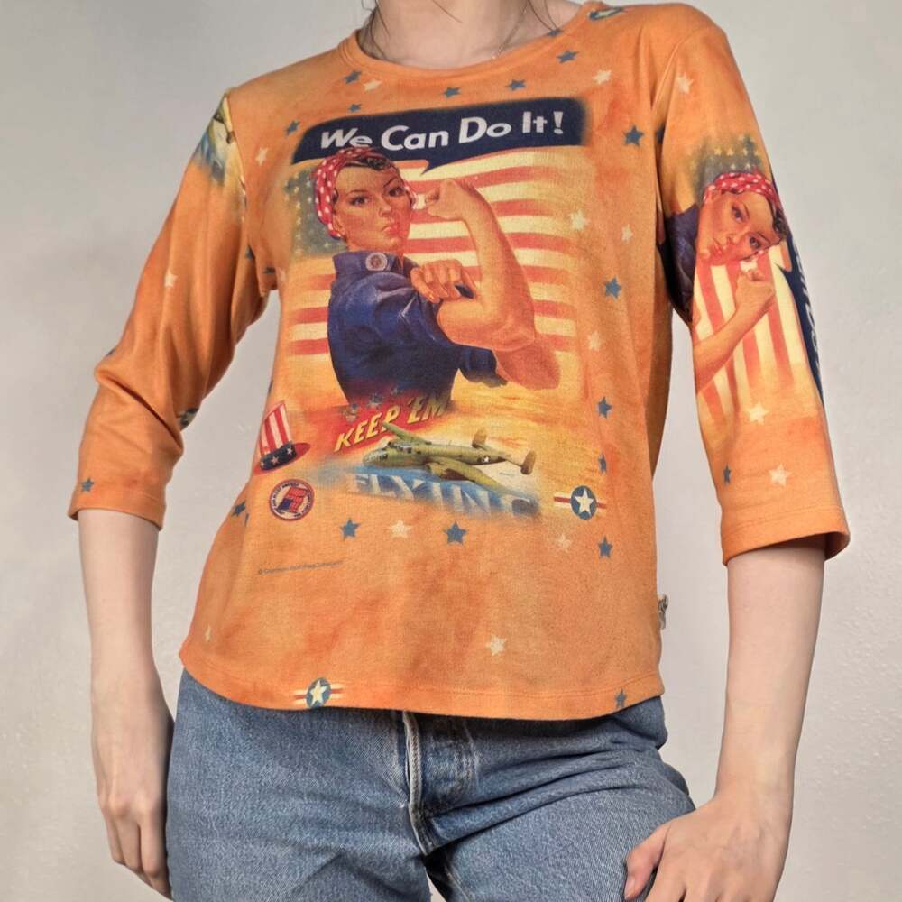 Y2K Rosie the Riveter Graphic Top Orange All Over Print Size Small